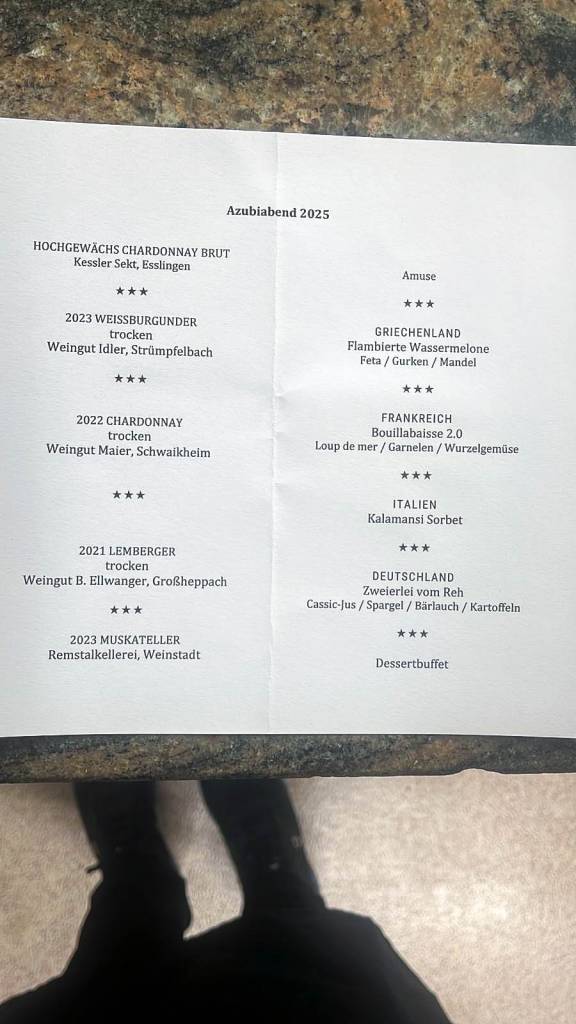 Azubi Abend 2025, Menü und Weine